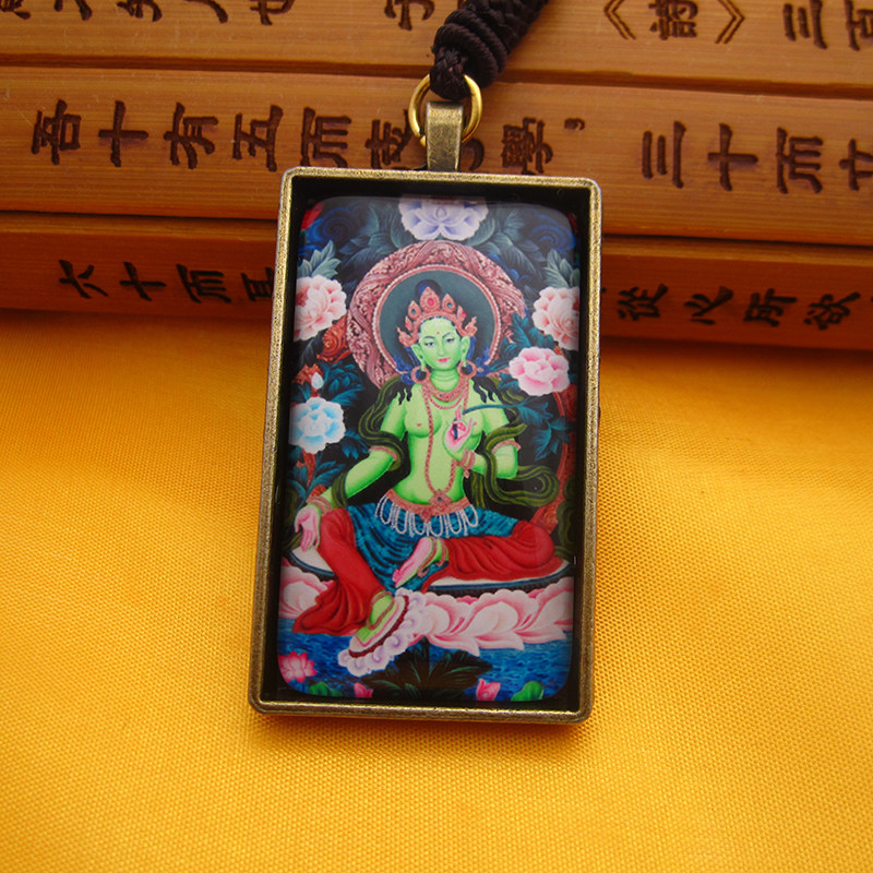 YC4831新款绿度母唐卡大长方形古青铜佛牌挂坠法会结缘吊坠定制
