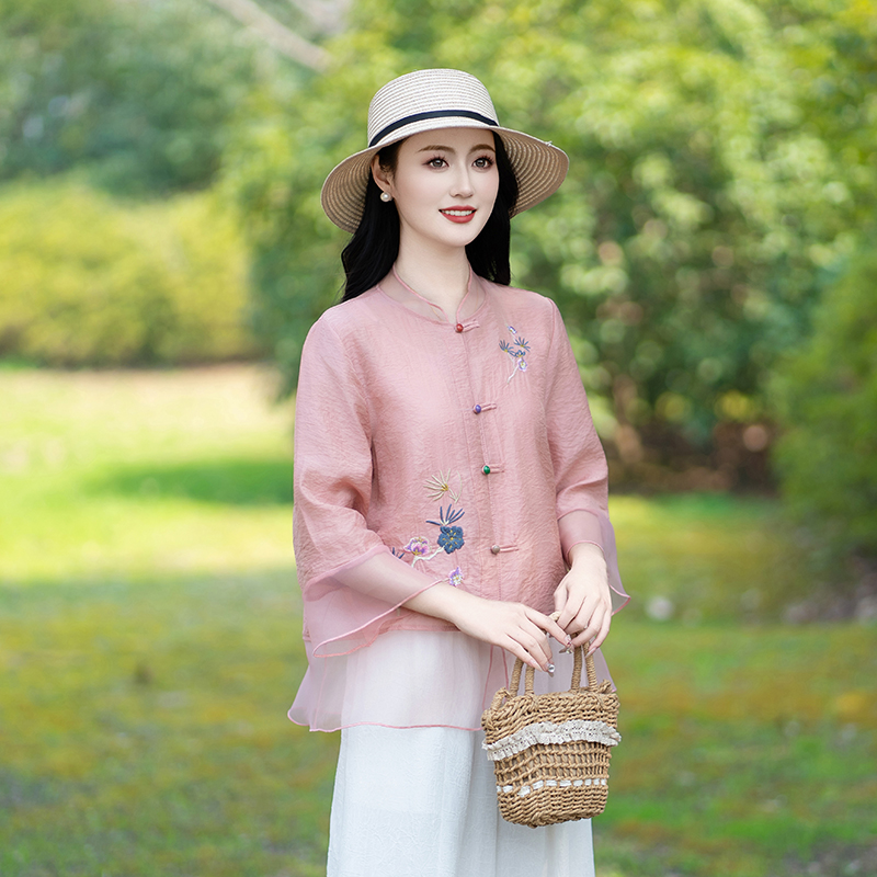 2025中式国风中袖小衫女夏季新款洋气高端套装妈妈棉麻亚麻上衣