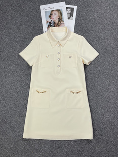 AURORA轻奢高端2024春季新款点修POLO领宽松遮肉纽扣纯色连衣裙女