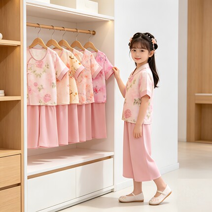 新款女童夏季薄款绵绸家居服套装新中式复古睡衣空调服套装人造棉