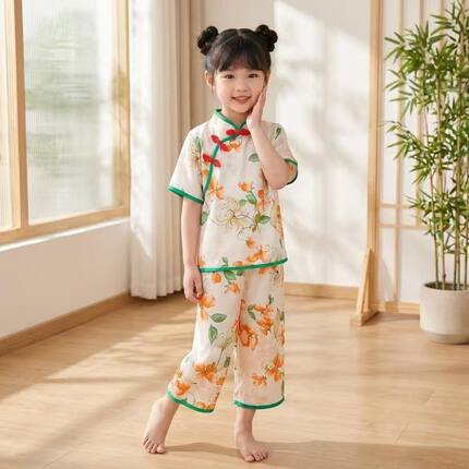 亲子款中国风夏季套装女童斜襟汉服上衣裤儿童绵绸家居服母女睡衣