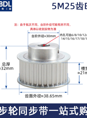 同步轮5M 25齿T槽宽21 BF型 凸台阶 精加工内孔5-20 铝合金皮带轮