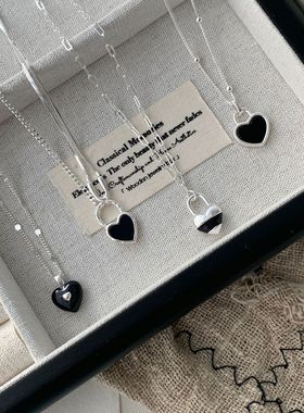 S925纯银黑色滴胶爱心项链女甜酷韩国ins风小众设计高级感锁骨链