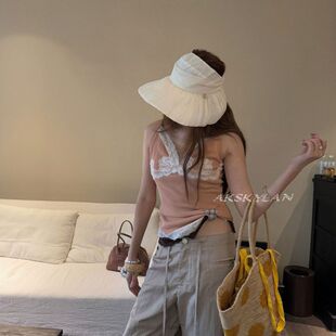 AKskylan 拼接蕾丝花边吊带背心女韩系显瘦露背外穿内搭上衣85903