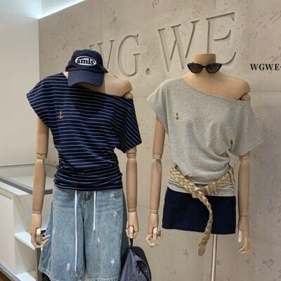 WGWE航海日记夏季韩系复古风条纹百搭宽松显瘦斜肩短袖T恤女W9710