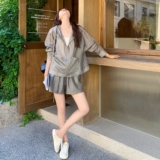 灰色轻薄连帽防晒开衫短款套装女2025夏季新款韩版时尚休闲两件套，女装防晒衣，2C207