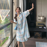 法式甜美盐系格纹连衣裙女2025夏季新款韩版宽松显瘦领口系带长裙，女装连衣裙，2C207