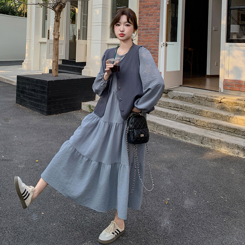 灰色轻熟风马甲连衣裙套装女2025年秋季新款法式高级感长裙两件套,女装套装/套裙,2C207