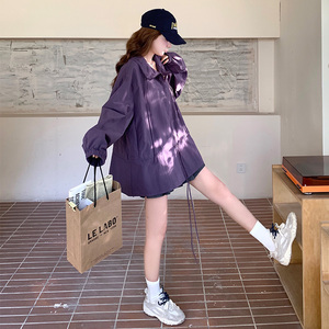 紫色设计感连帽风衣外套女2025早春秋韩系甜酷时髦收腰抽绳冲锋衣图片