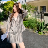 灰色轻薄连帽防晒开衫短款套装女2025夏季新款韩版时尚休闲两件套，女装防晒衣，2C207