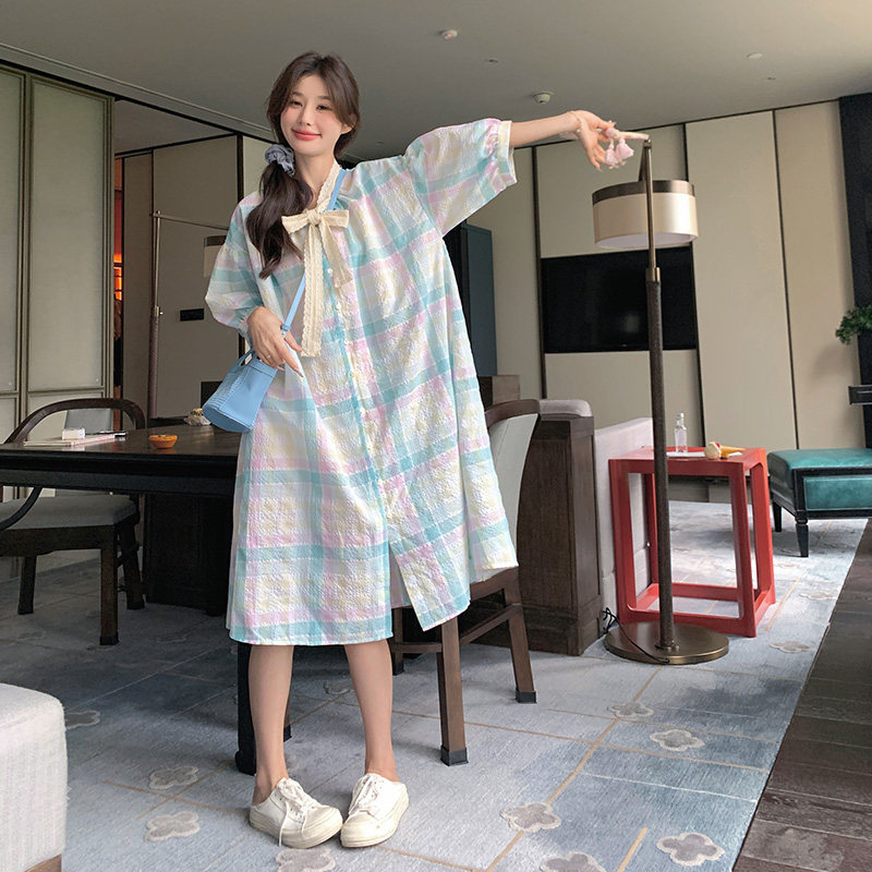 法式甜美盐系格纹连衣裙女2025夏季新款韩版宽松显瘦领口系带长裙,女装连衣裙,2C207