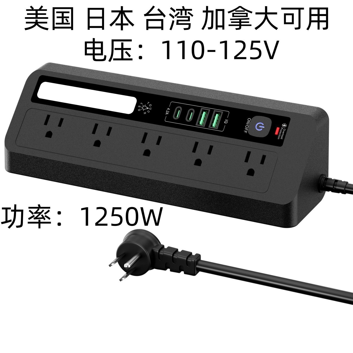 跨境美标USB插座带夜灯墙角桌面创意美规排插过载保护接线板台湾