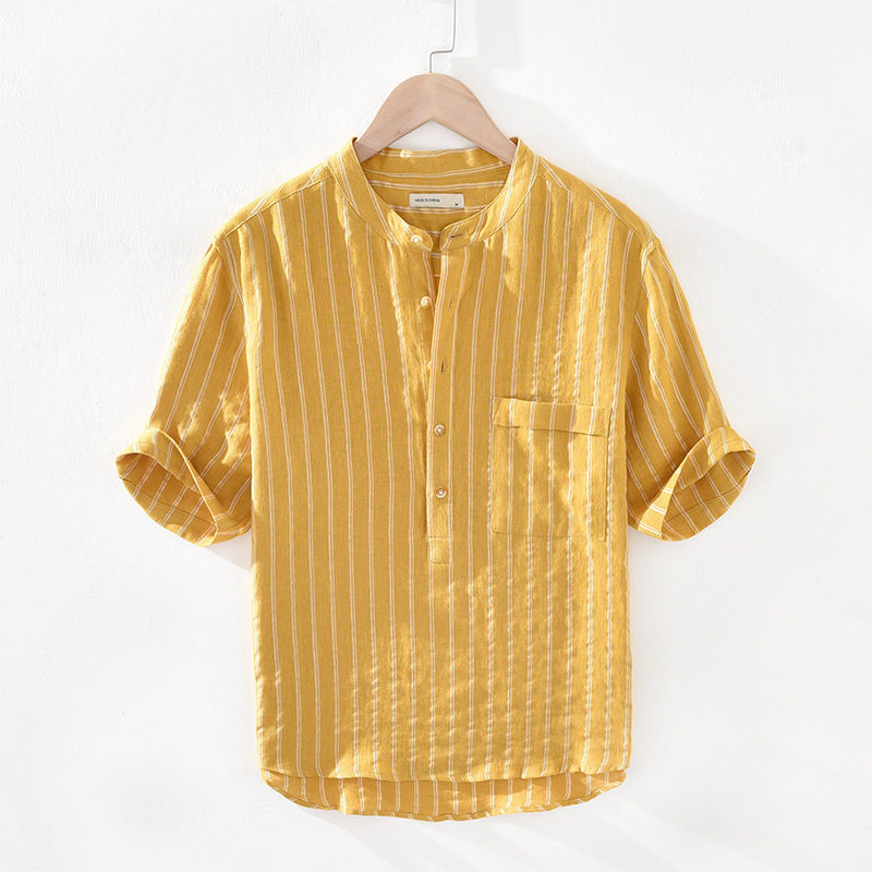 清新条纹五分袖亚麻衬衫青年透气立领半袖麻料衬衣男