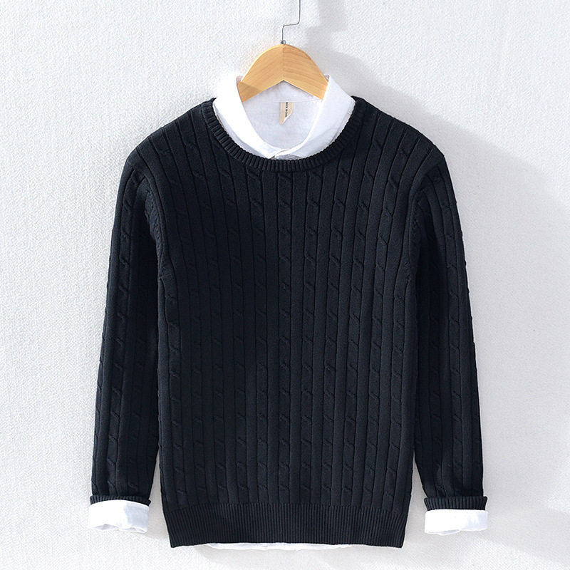 美国汤米男装毛衣长袖圆领纯棉针织衫扭麻花条纹修身套头上衣