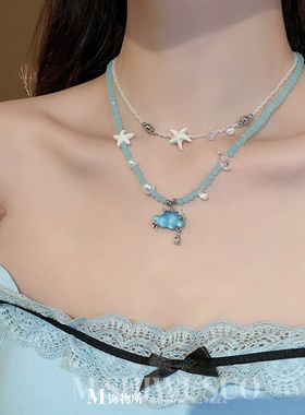 夏日清凉感蓝色玻璃云朵吊坠甜美可爱海星项链串珠两件套锁骨链女