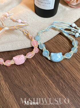 卡通萌趣猫咪陶瓷串珠手链可爱凯蒂猫五彩编织绳甜美少女清新手饰