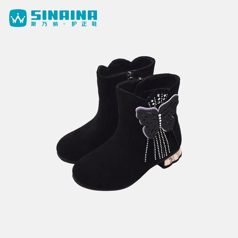 斯乃纳童鞋新冬季女童低筒绒里保暖休闲皮靴儿童学生靴SP243629H