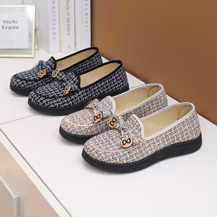 春秋新款北京布鞋格纹蝴蝶结平底单鞋女软底防滑一脚蹬妈妈休闲鞋