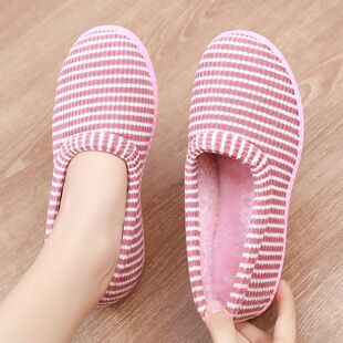 防滑保暖毛绒低帮月子鞋 冬季 包跟可爱条纹室内棉拖鞋 女棉鞋 棉拖鞋