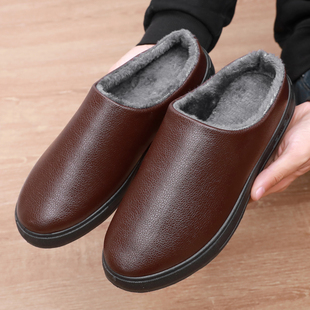 皮革拖鞋 冬季 厚底家居情侣室内防滑保暖男拖鞋 女冬季 PU防水棉拖鞋