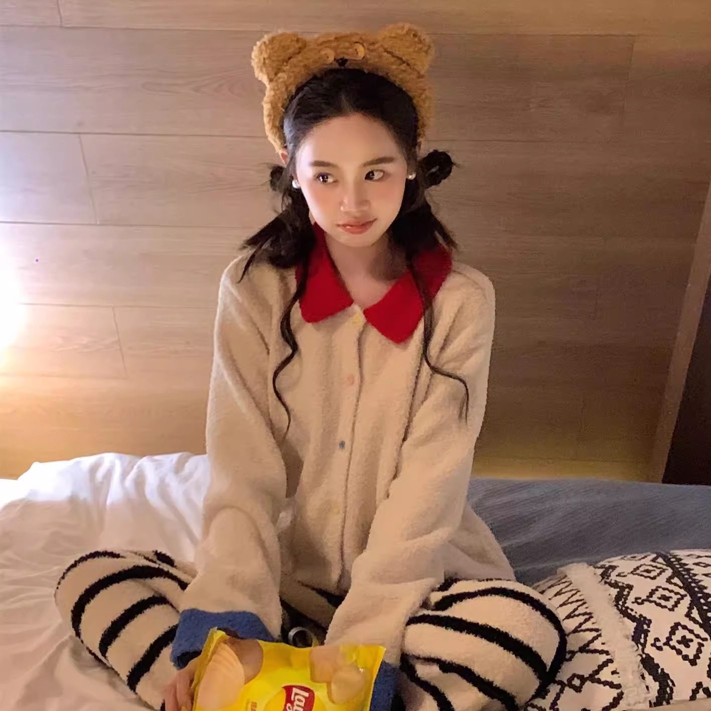 日本GP韩版少女撞色半边绒睡衣女冬季厚保暖条纹长裤家居服两件套,女士内衣/男士内衣/家居服,睡衣/家居服套装,淘宝优惠券,粉丝福利购,淘宝优惠卷