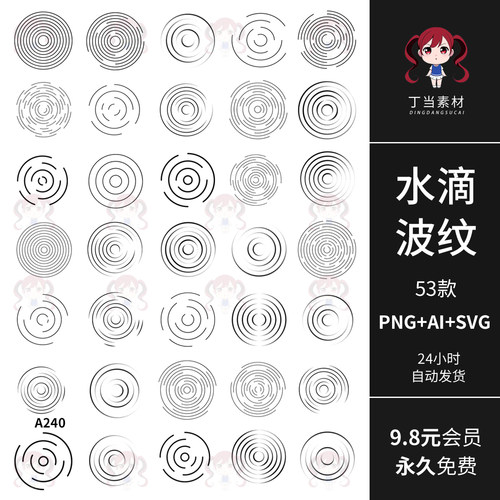 雨滴水滴落圆形波纹涟漪扩散AI矢量可商用PNG免抠图饭圈美工素材