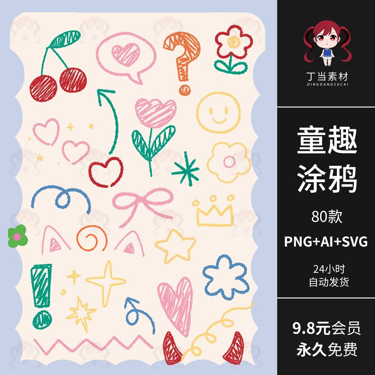 可爱儿童童趣涂鸦PNG免抠图案樱桃叹号AI矢量可商用饭圈美工素材,商务/设计服务,设计素材/源文件,淘宝优惠券,粉丝福利购,淘宝优惠卷