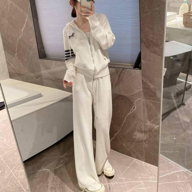 tb小狗刺绣连帽针织衫卫衣套装女春秋宽松阔腿直筒运动长裤两件套