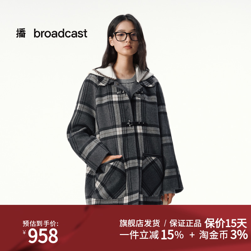 播复古松弛宽松中长款格子羊毛呢外套女25冬新款呢大衣DDS4AD5136