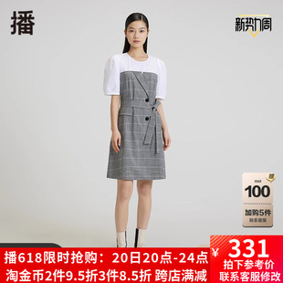 拼接设计高腰显瘦连衣裙女 播2022夏季 新款 圆领泡泡袖 DDP2LD4139V