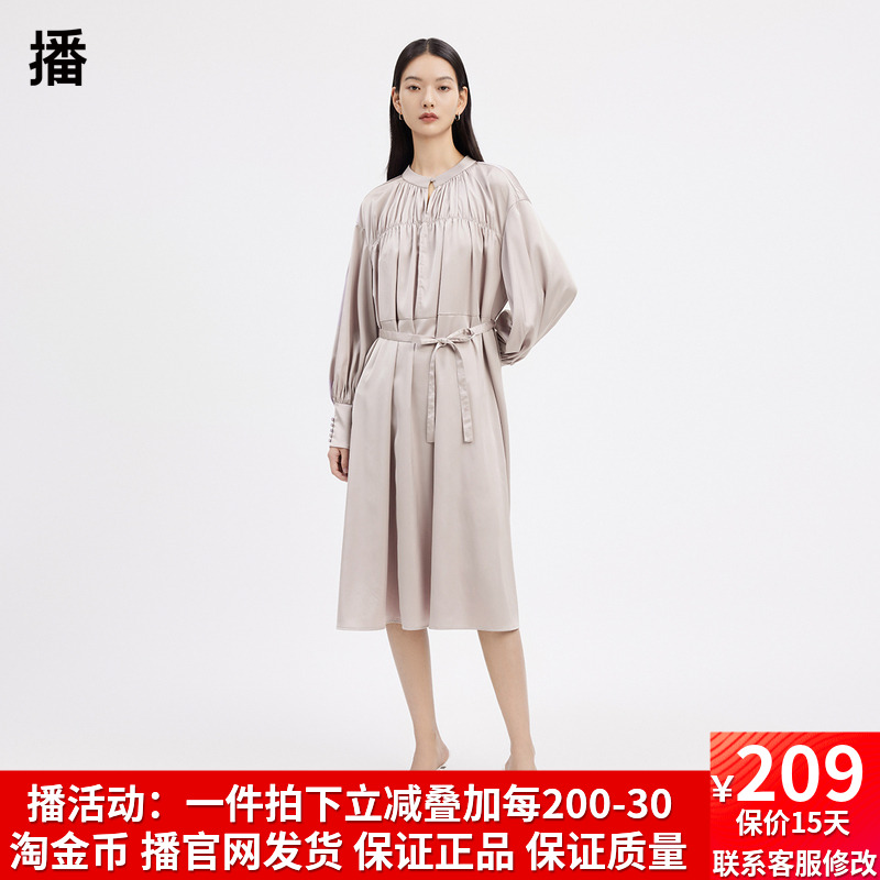 通勤高腰克夫设计系带收腰衬衫裙