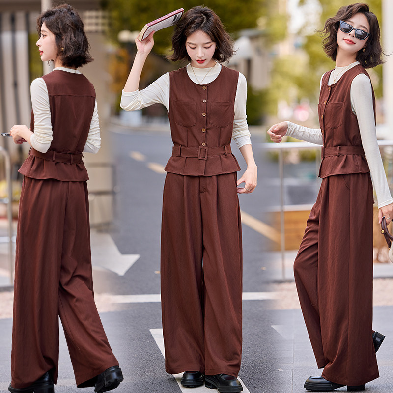 休闲时尚马甲牛仔套装女2025早秋新款气质长袖打底衫阔腿裤三件套