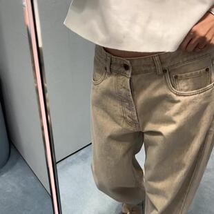 高腰宽松阔腿垂感直筒拖地裤 日系休闲百搭新款 女秋季 卡其色牛仔裤