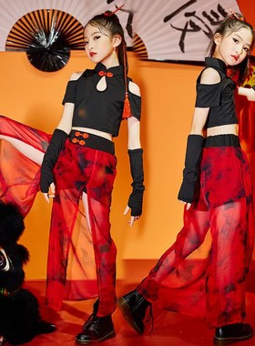 中国风模特T台走秀潮服女童爵士舞演出服扇子现代舞露脐jazz国风