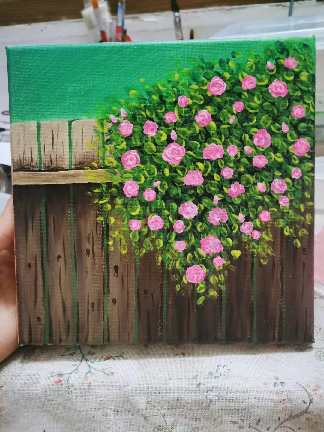 手绘蔷薇花墙玄关画后现代客厅装饰画发财树轻奢风走廊挂画丙烯画图片