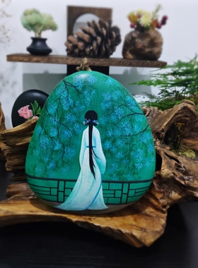 纯手绘石头画古风美女背影装饰画创意生日礼物桌面摆台国风摆件品
