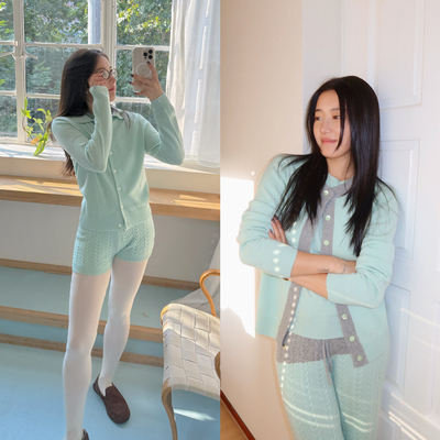 TZCO 「薄荷格雷」康赛妮30%山羊绒原创拼色软糯优雅针织套装