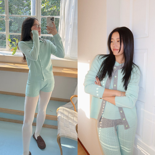 TZCO 「薄荷格雷」康赛妮30%山羊绒原创拼色软糯优雅针织套装