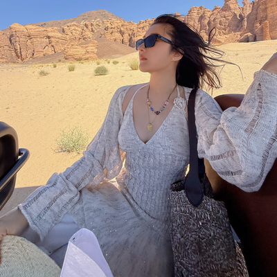 TZCO 25夏「Knit芭蕾裙」康宝莱高端亚麻珠片手工花朵挂脖连衣裙