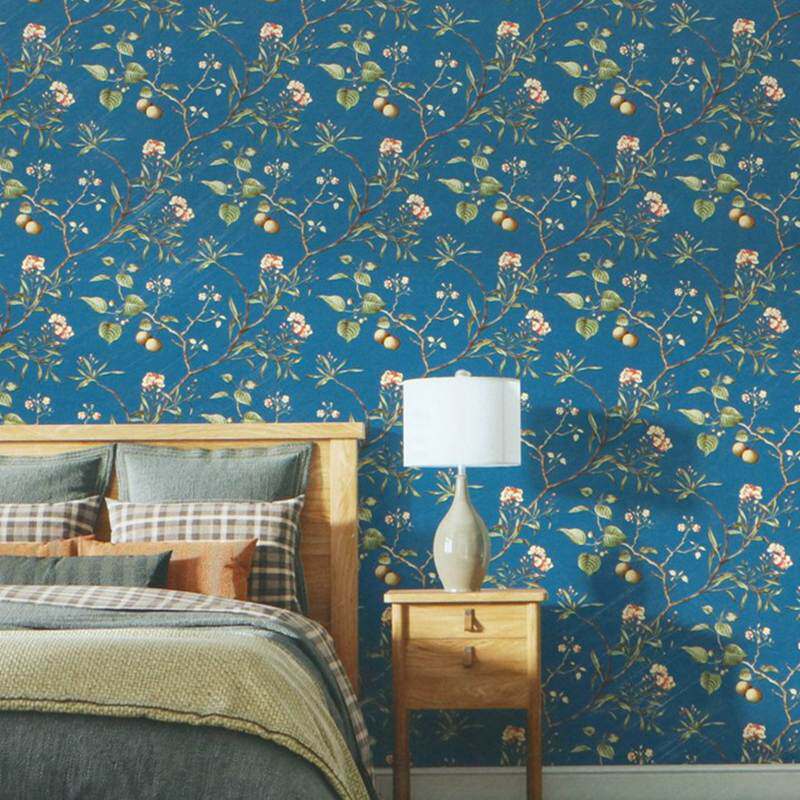 新中式国画风藤蔓墙纸 深蓝色大花壁纸 浅蓝色美式花鸟藤蔓壁纸