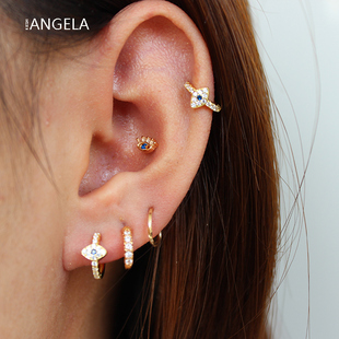 恶魔之眼耳扣耳蜗耳钉圈圈镶钻耳骨环耳扣纯银小耳圈十字架耳圈女