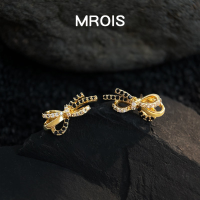 爆闪~原创镀18k真金蝴蝶结黑金锆石耳钉时尚轻奢气质高级感耳饰女