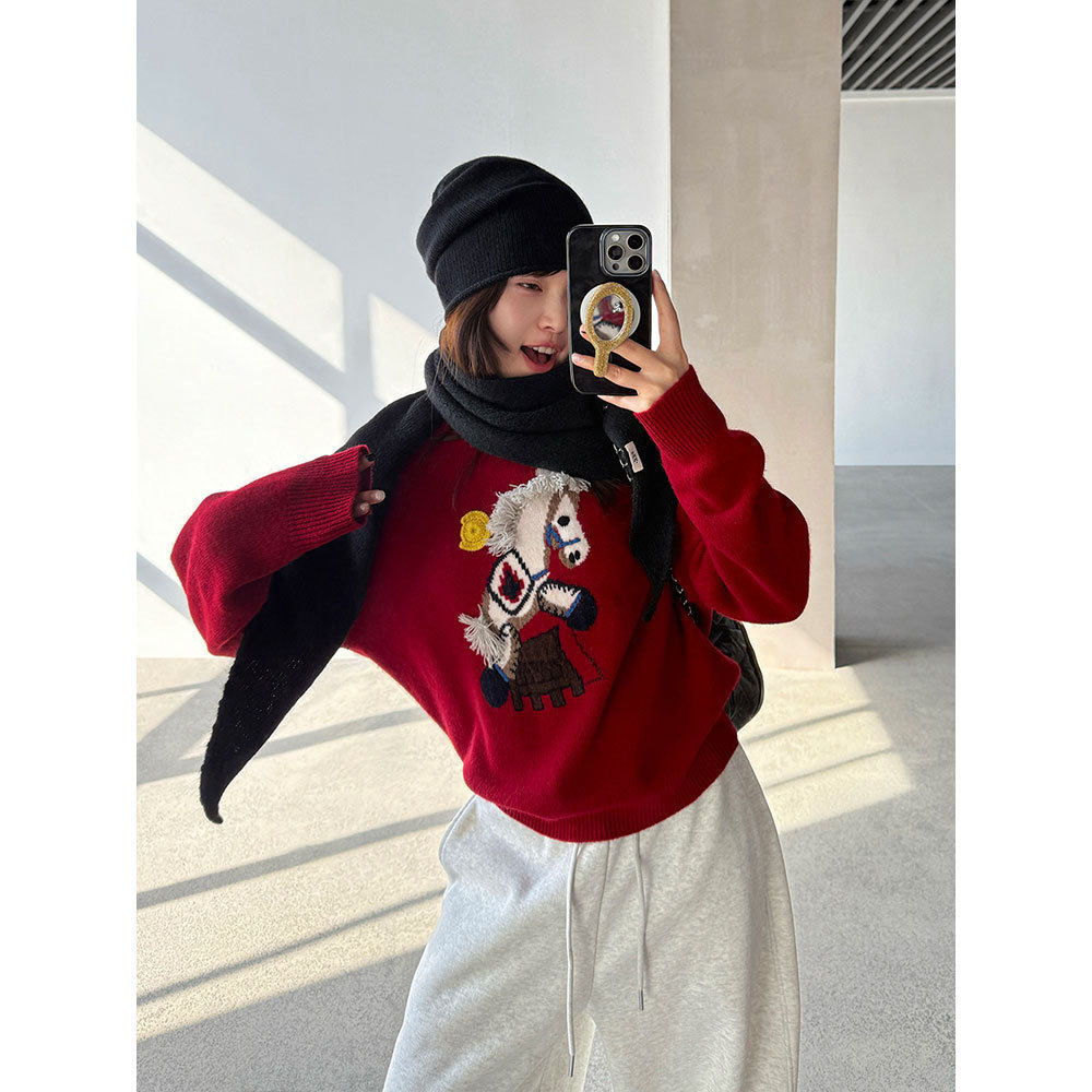 【潇禾】马上有钱新年毛衣100绵羊毛刺绣针织衫宽松百搭WQ139