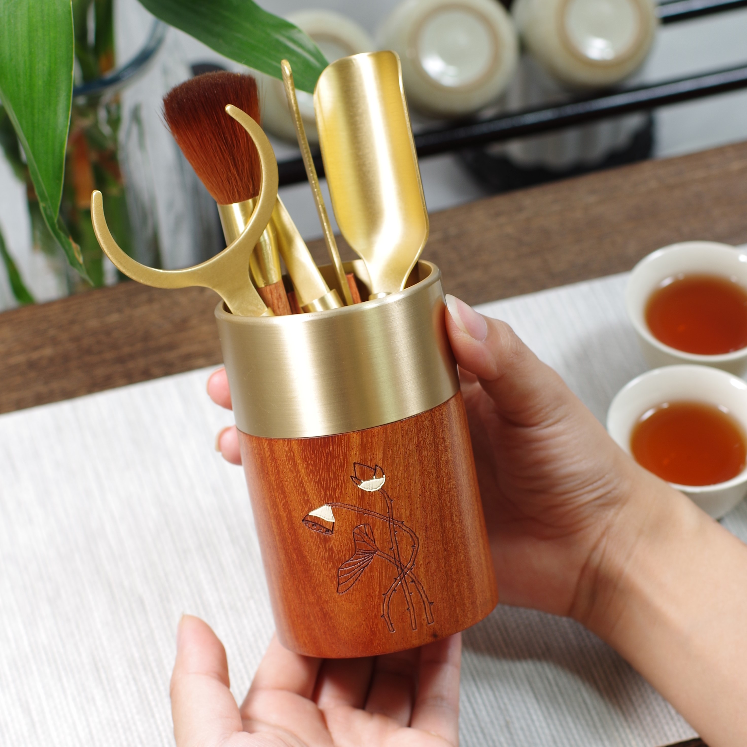 黄铜茶道六君子套装茶夹茶勺茶刀茶筒笔筒高档茶具配件功夫茶具