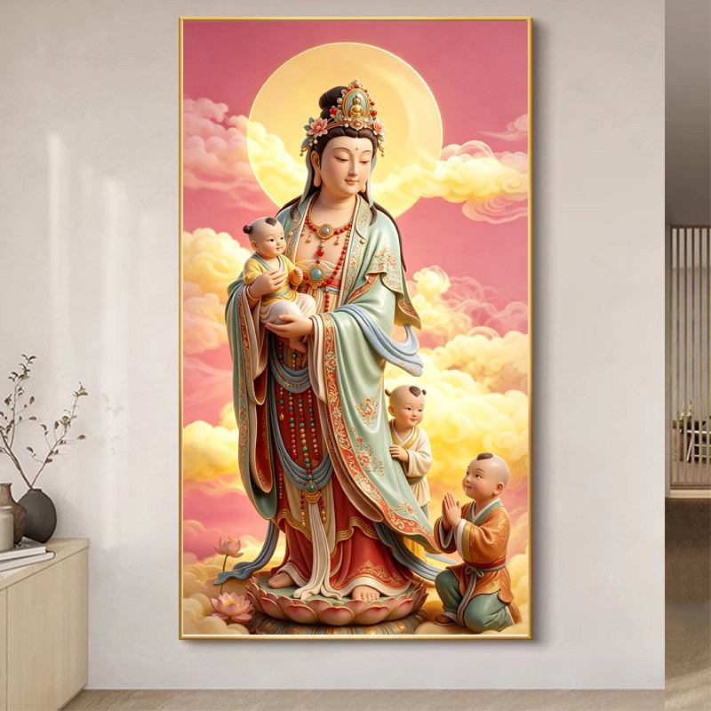 送子观音十字绣新款中式人物图案精准印花手工刺绣客厅玄关套件