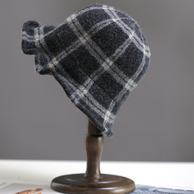YOUR冬格纹渔夫帽羊毛复古文艺盆帽男女保暖水桶帽大头围凹造型帽