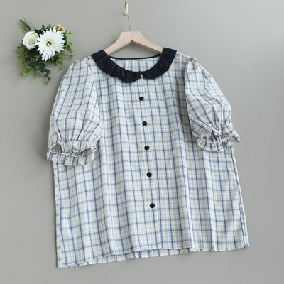娃娃领格子宽松显瘦百搭泡泡衬衫