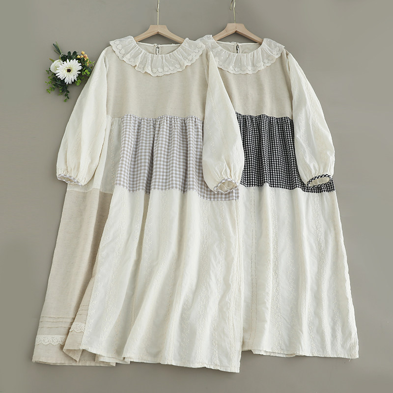 森女系圆领蕾丝花边格子拼接连衣裙女宽松百搭减龄长袖中长裙子