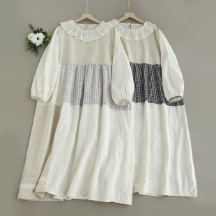 森女系圆领蕾丝花边格子拼接连衣裙女宽松百搭减龄长袖 中长裙子