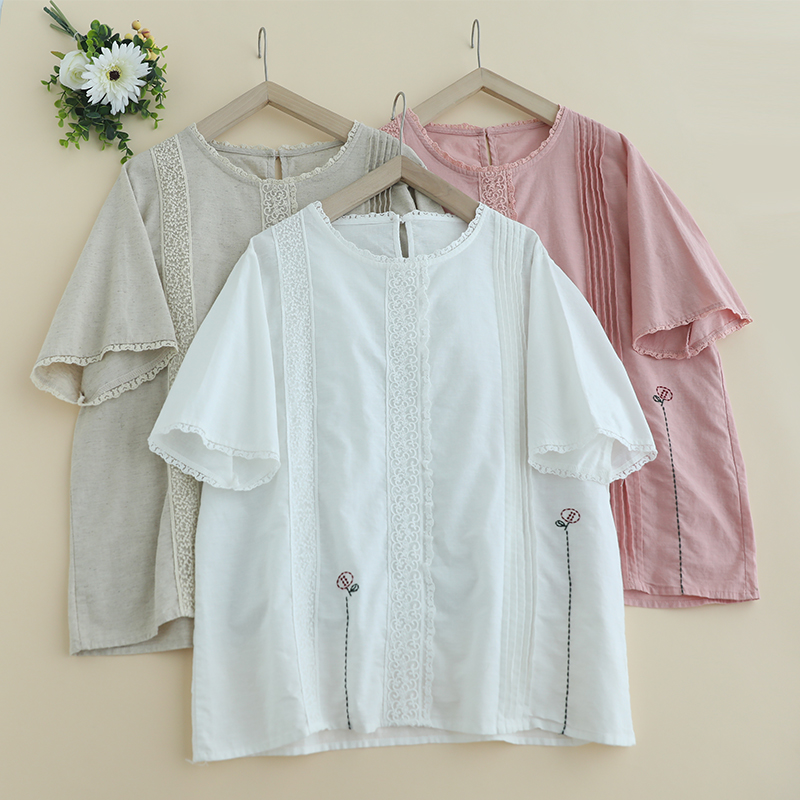 新款绣花拼接棉麻短袖衬衫女宽松百搭甜美小清新纯色减龄套头上衣